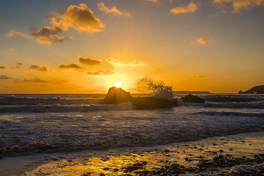 photograph of island during golden hour, sunset, ocean, waves HD wallpaper