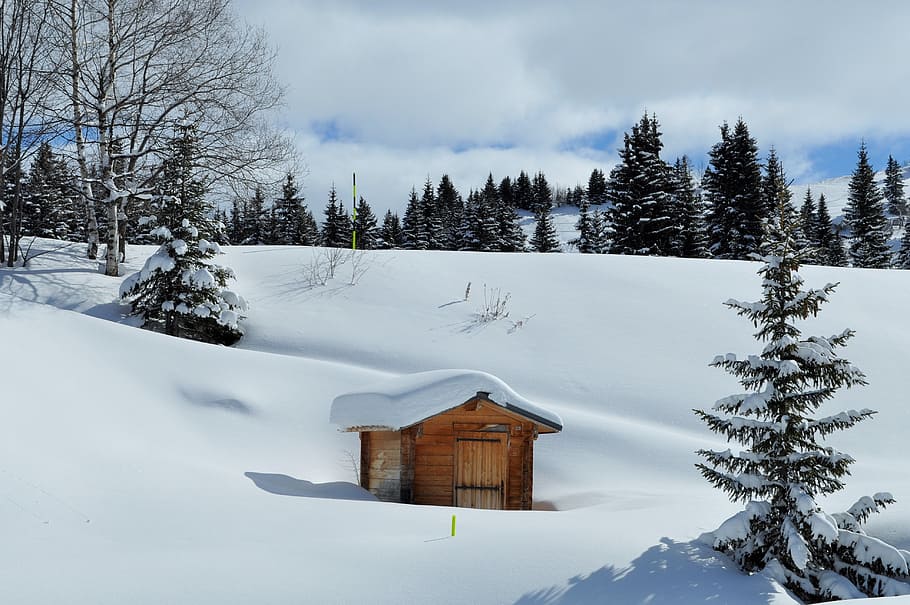 snow covered hut, alps, haute-savoie, winter landscape, mountain, HD wallpaper