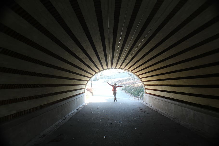 Light, Tunnel, Central Park, Order, new york, one person, walking HD wallpaper