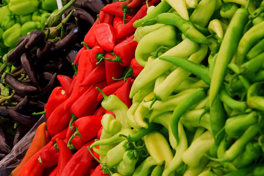 assorted green and red peppers, background, colorful, food, fresh, HD wallpaper