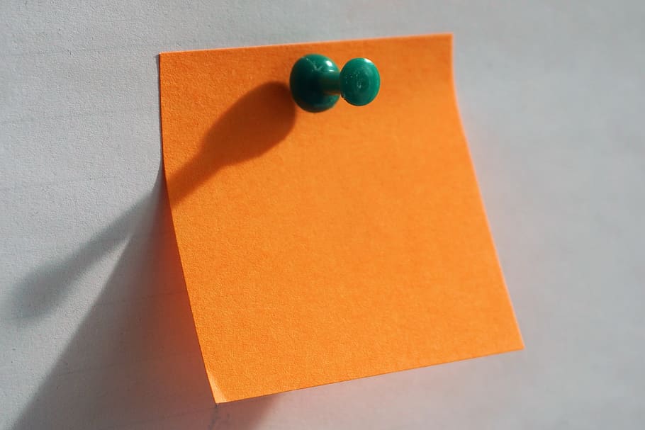 orange note with green pin, post it, office, list, memo, memory