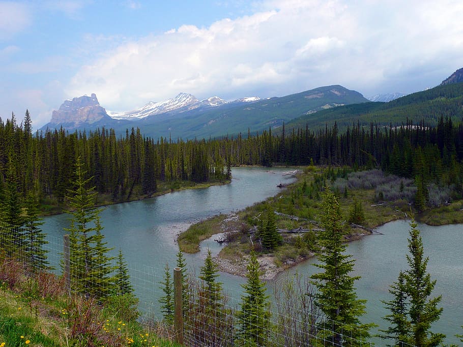 bow river, canadien rockys, mountains, water, landscape, scenery, HD wallpaper