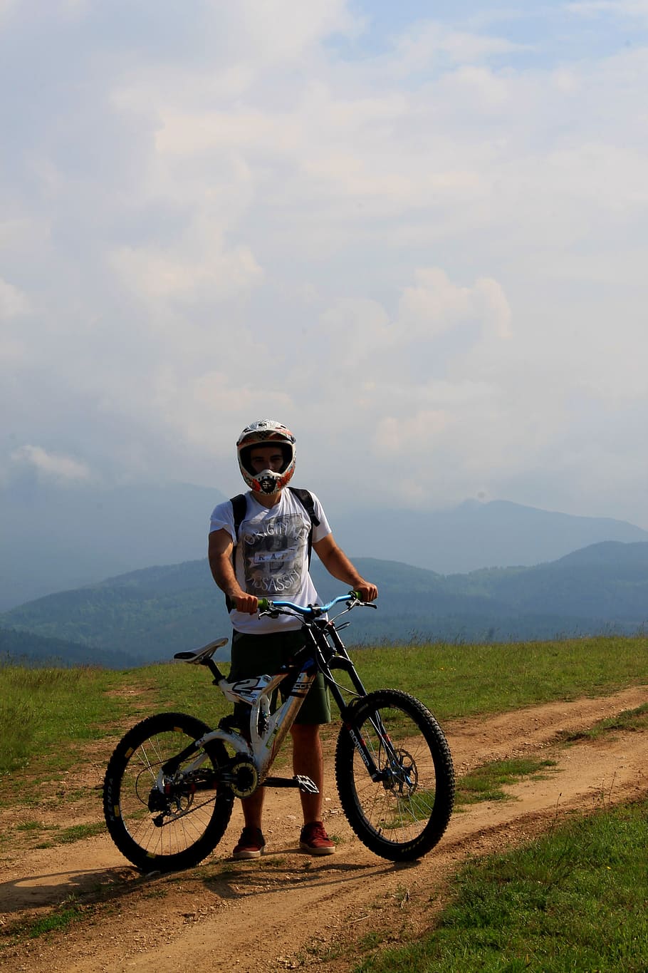 downhill, wheel, sky, green, blue, walk, day, green field, movement HD wallpaper
