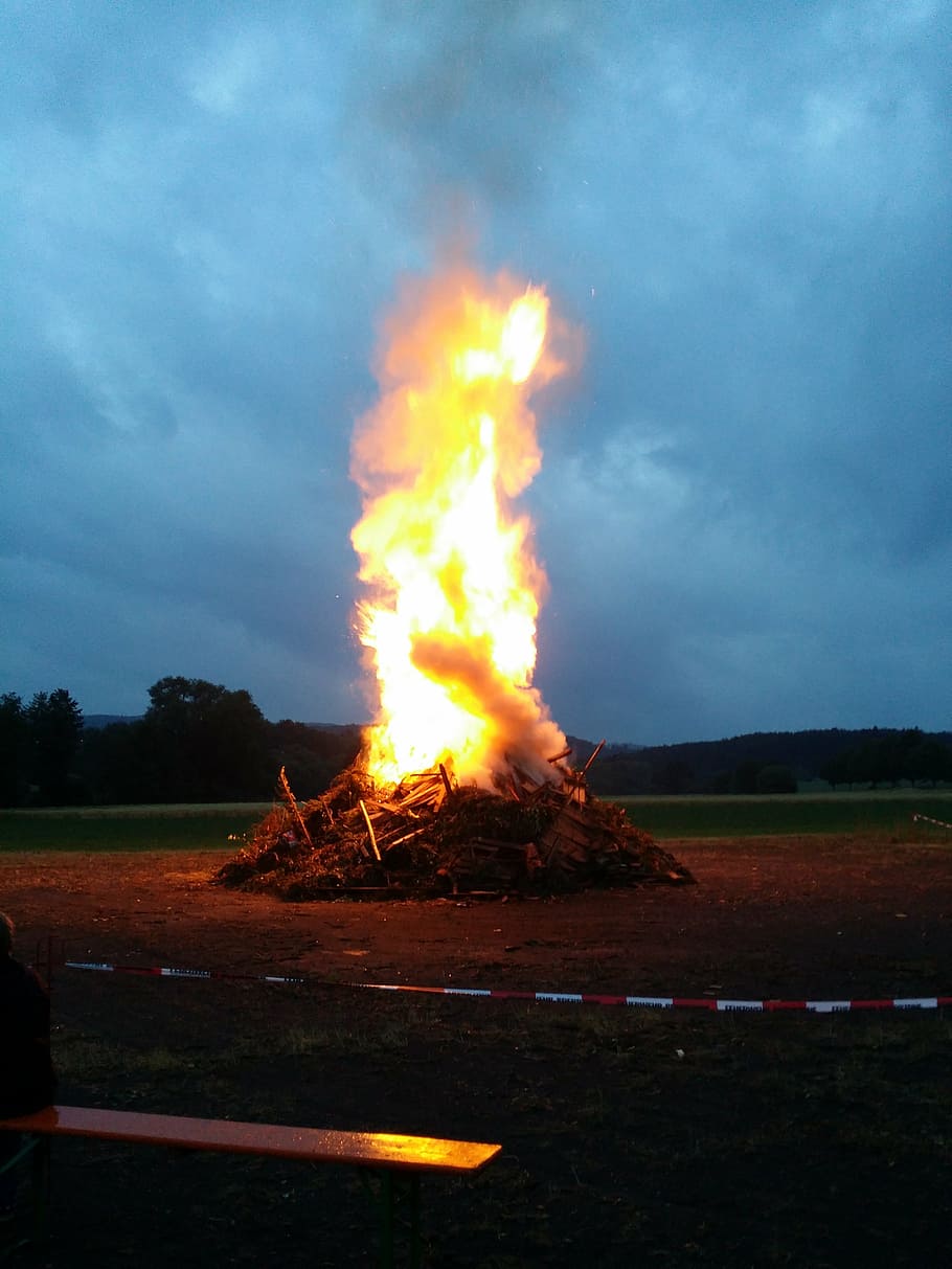 fire, flame, sonnwendfest, midsummer, wood pile, wood fire HD wallpaper