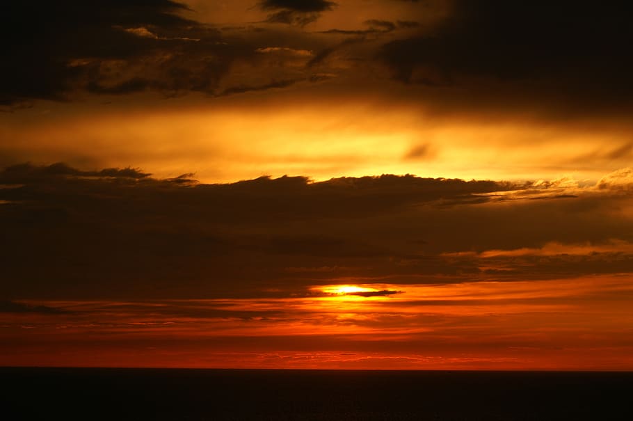 sunset, ocean, twilight, clouds, red orange sky, remanence HD wallpaper