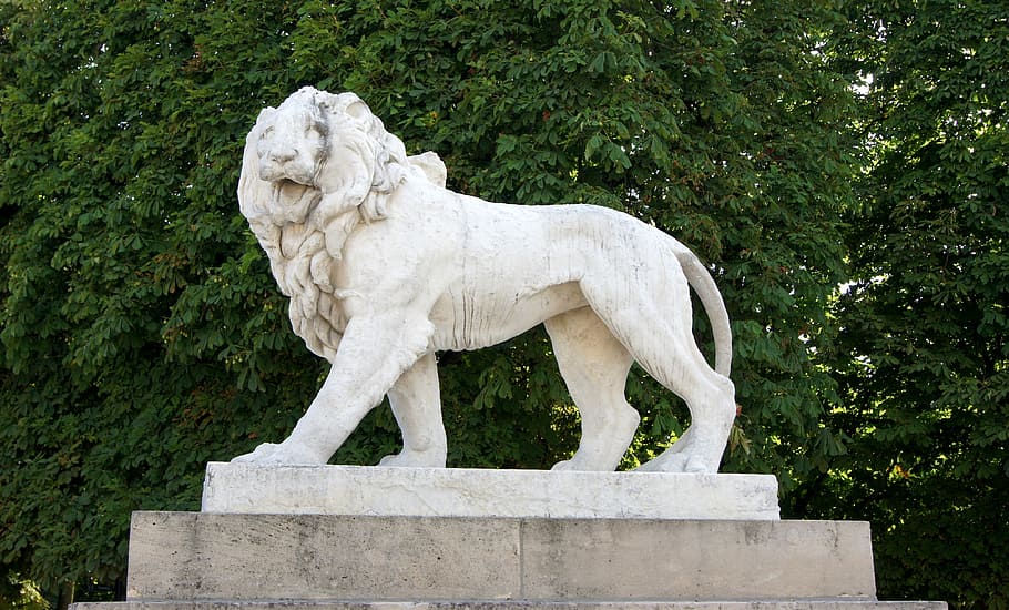 lion, statue, paris, luxembourg gardens, sculpture, landmark, HD wallpaper