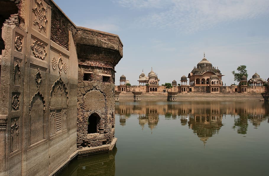 vrindavan city, ruins, reflection, lake, india, architecture, HD wallpaper