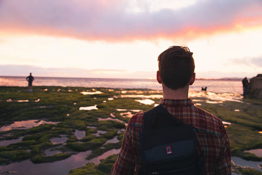 man looking at the sunset, guy, ocean, sea, people, backpack HD wallpaper