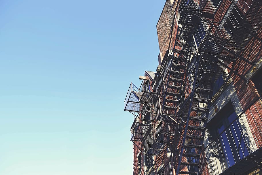 building, fire exit ladders, perspective, sky, staircase, stairs HD wallpaper