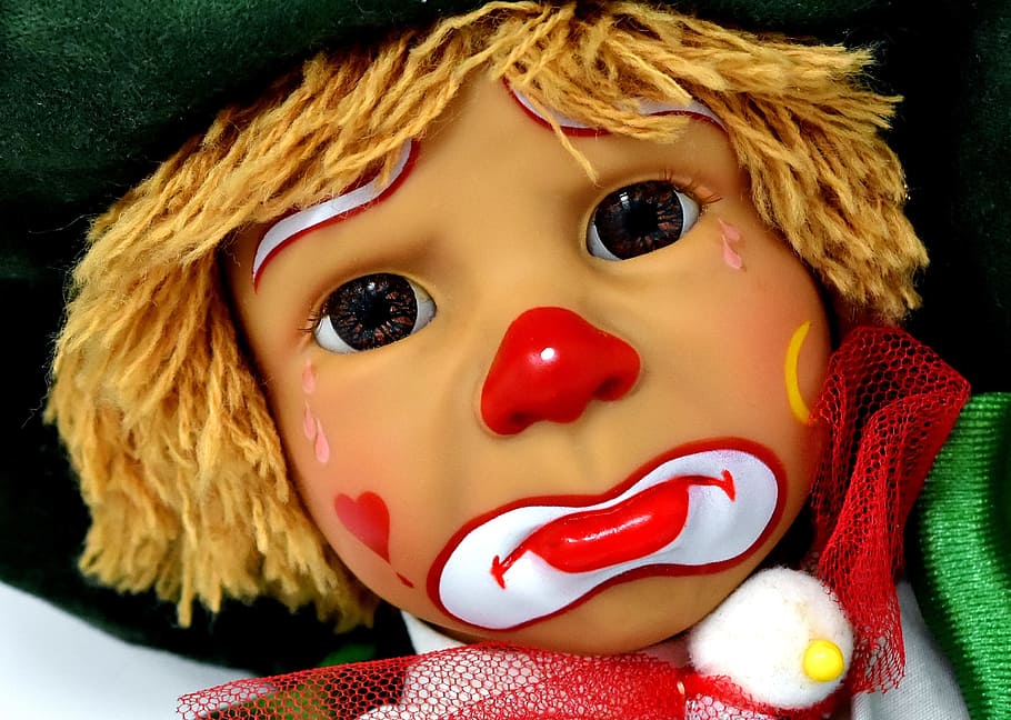brown haired clown doll, cute, sad, children, colorful, toys HD wallpaper