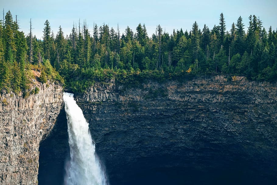 waterfalls near green pine trees during daytime, landscape HD wallpaper