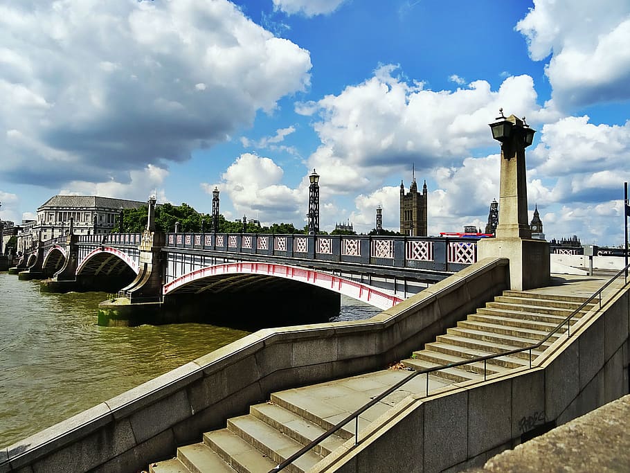 stairs, sky, water, clouds, architecture, bridge, cityscape, railings HD wallpaper