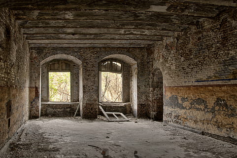 concrete room with two windows, background, expired, stone HD wallpaper