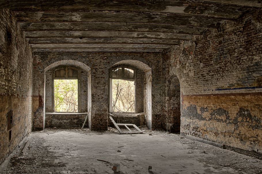concrete room with two windows, background, expired, stone HD wallpaper