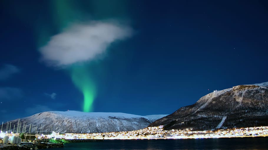 photo of aurora borealis on mountain, Aurora lights, blue, sky HD wallpaper