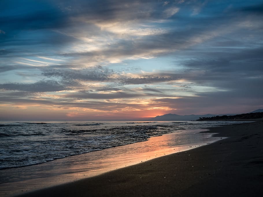 Sunset, Marbella, Malaga, cabopino, spain, sky, sea, tower HD wallpaper