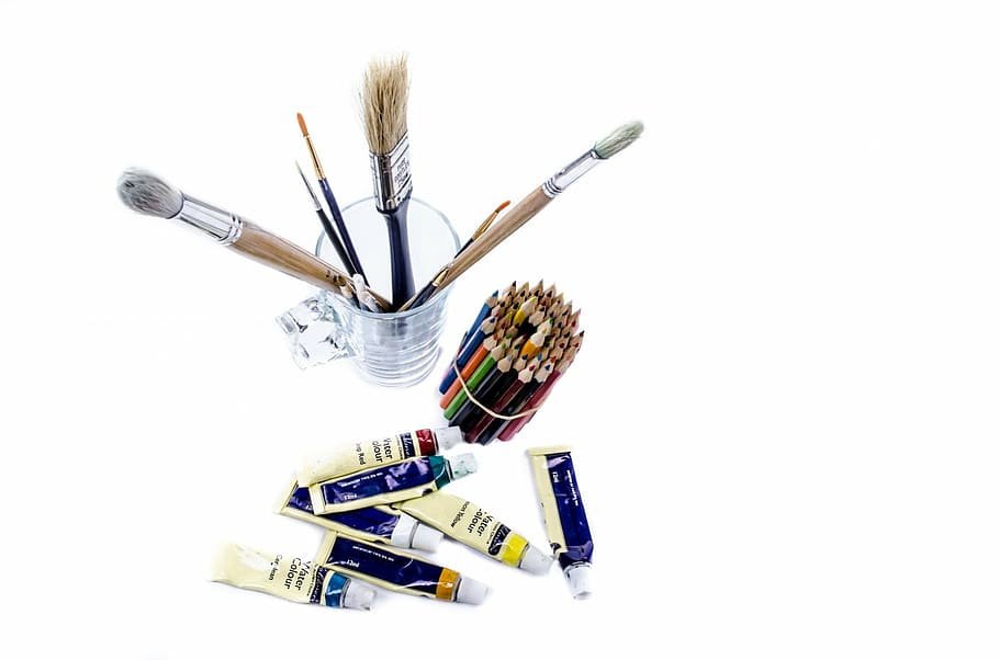 coloring material lot against white background, painting, brush HD wallpaper
