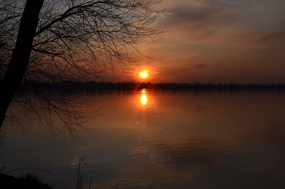 sunset, dawn, reflection, water, twilight, sky, tranquility HD wallpaper