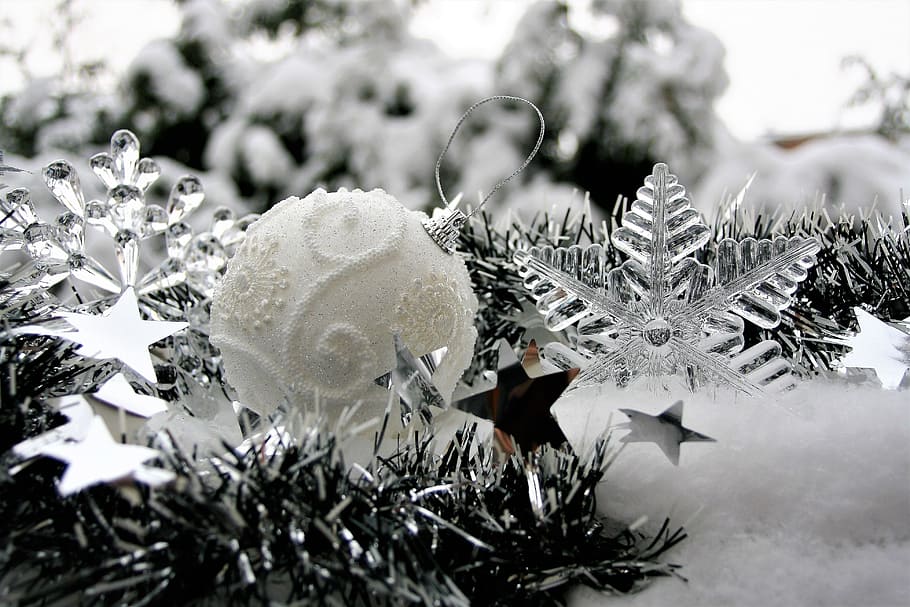 greyscale photo of Christmas bauble and clear snowflake decors HD wallpaper
