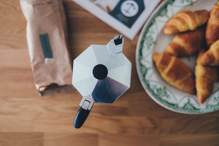 gray stainless steel pitcger, cafe, espresso, pot, table, croissant HD wallpaper