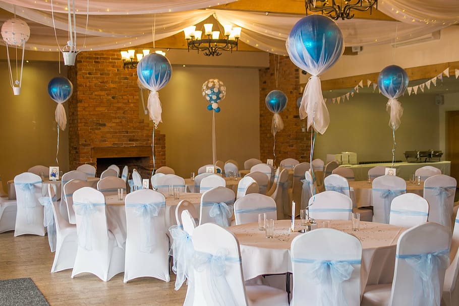 white and blue table setup, christening, event, room, balloon