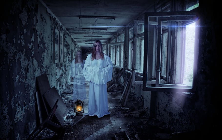 woman in white dress standing near window inside room, trick HD wallpaper