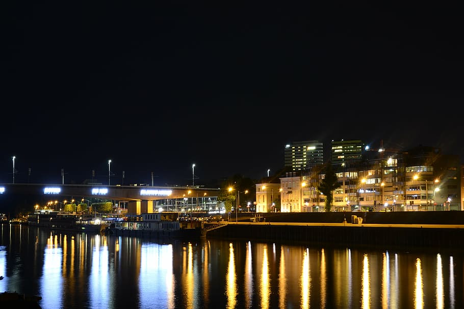 night scene, arnhem, rhine, quay, water, cityscape, illuminated, HD wallpaper