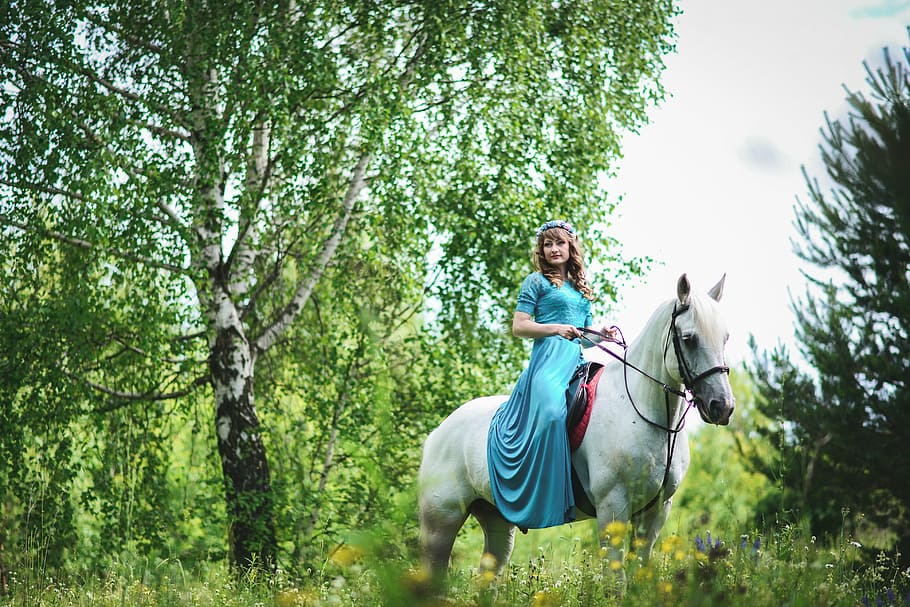 woman in blue dress riding on white horse, girl with a horse, HD wallpaper