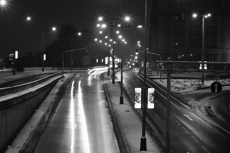 prague, winter, snow, lights, cars, night, illuminated, street light HD wallpaper