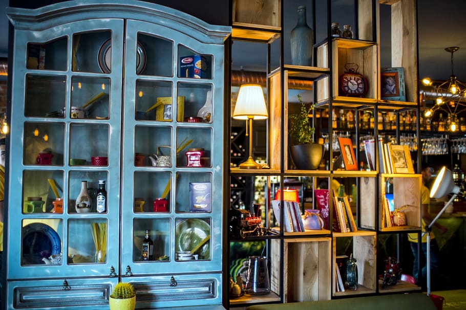 assorted decors in teal wooden display cabinet, interior, decoration HD wallpaper