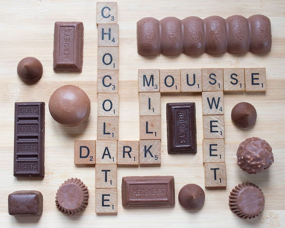 chocolates and brown blocks with letters, scrabble, dark chocolate, HD wallpaper