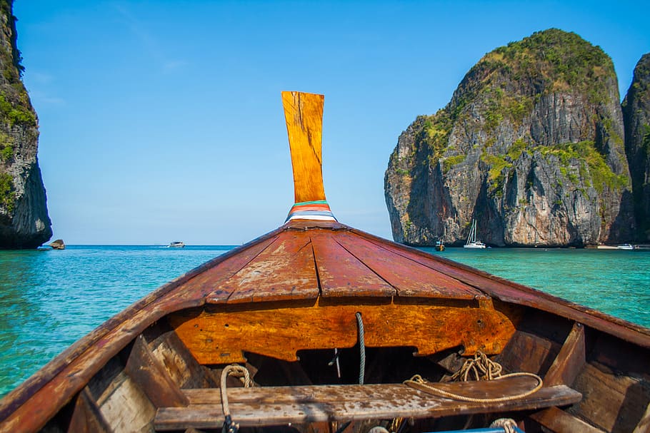 boat, ocean, rock formation, rocks, sea, sky, water, public domain images HD wallpaper