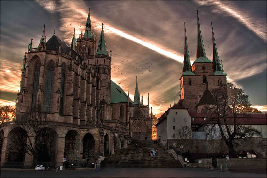 erfurt, dom, religion, church, towers, spires, filter, edited, HD wallpaper