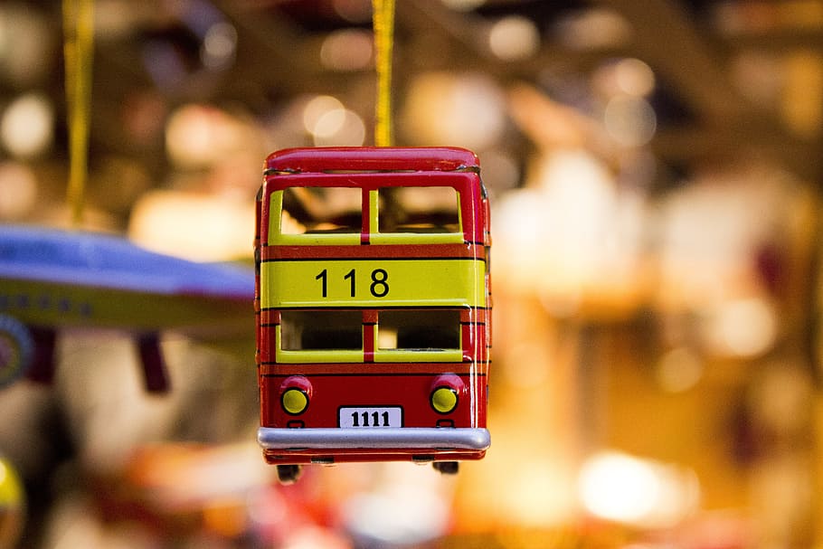 red and yellow die-cast Double Decker Bus Christmas ornament hanging, HD wallpaper