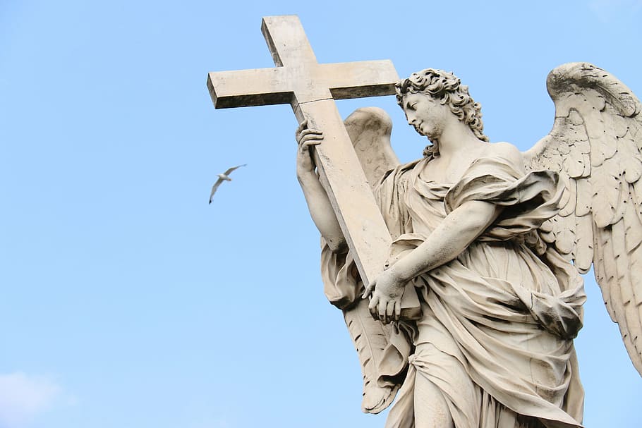 woman angel holding cross statue, rome, sculpture, architecture