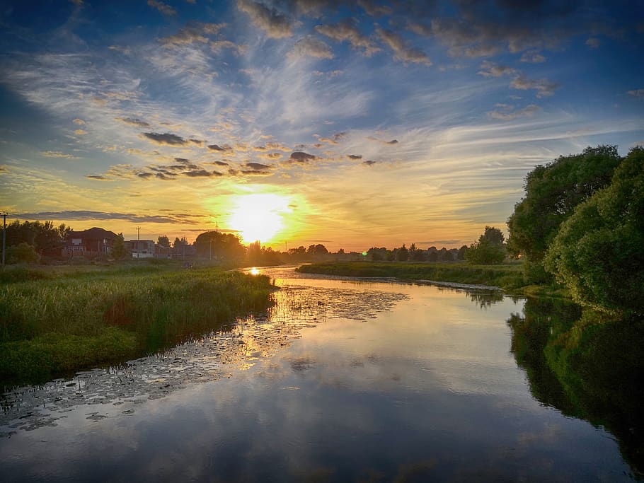 river, tranquility, sunset, calm, water, sky, reflection, cloud - sky HD wallpaper
