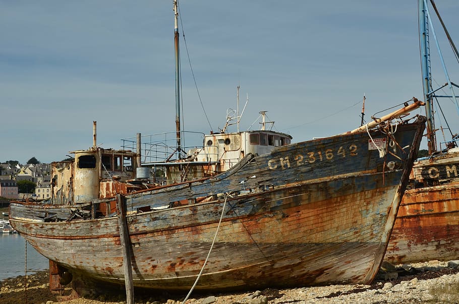 wreck, boat, ship, shipwreck, ship wreck, old, wood, metal rust HD wallpaper
