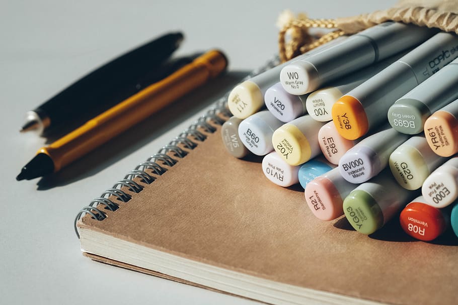 focus photography of coloring pen with notebook, art, creativity HD wallpaper