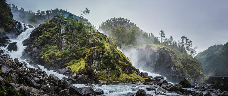 Låtefossen Waterfall, river surrounded by tree during daytime HD wallpaper