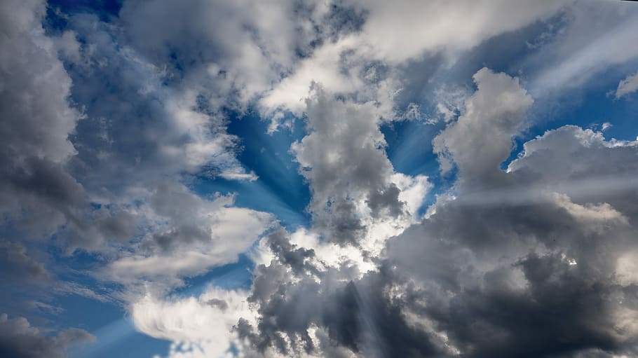 crepuscular rays, sky, clouds, blue, clouds form, covered sky HD wallpaper