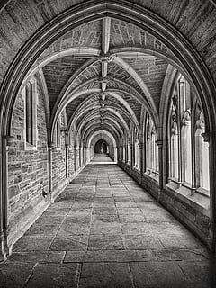 grayscale photography of pathway, grayscle photo of an empty hallway HD wallpaper