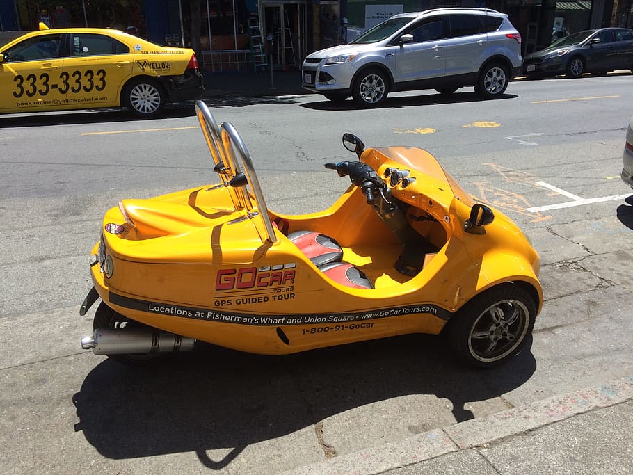 yellow battery-powered ride-on car on road, san francisco, go-car, HD wallpaper