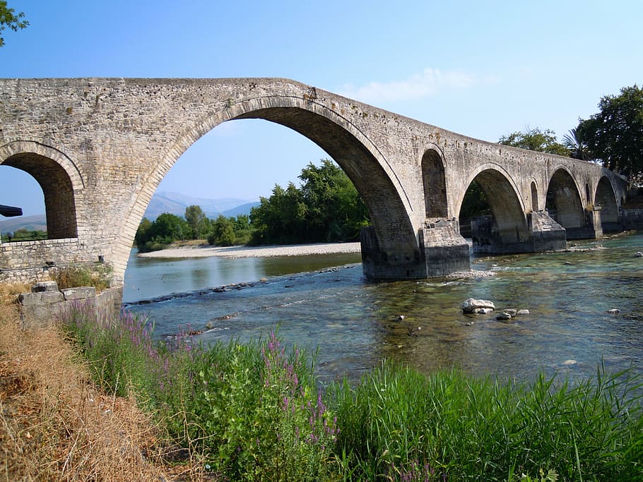 bridge, old, river, arta, arch, architecture, sky, blue, greece HD wallpaper