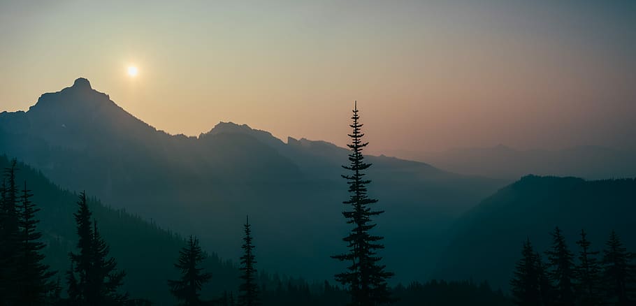 scenery of forest and mountain, sunrise over mountain range, sunset HD wallpaper