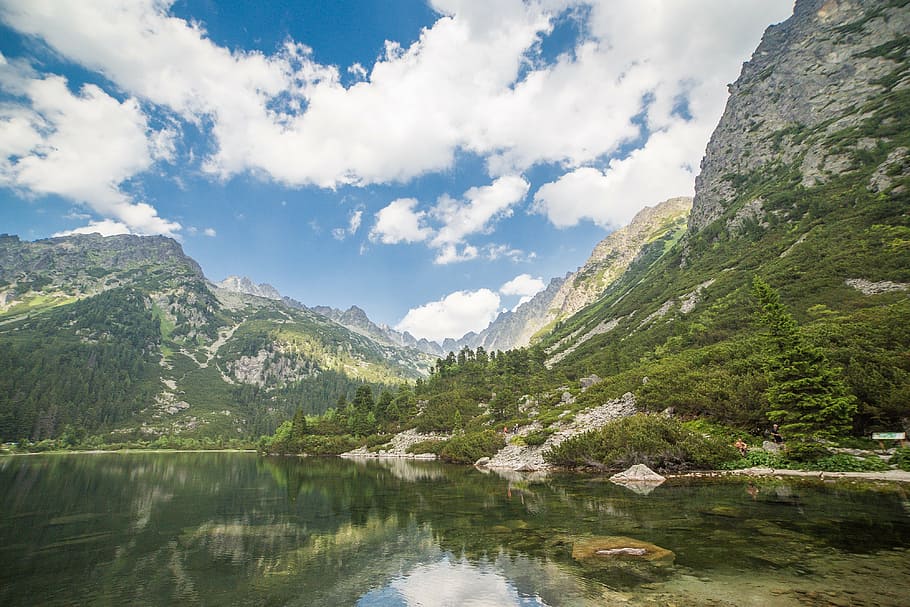 calm body of water surrounded by mountains, lake, summer, park HD wallpaper