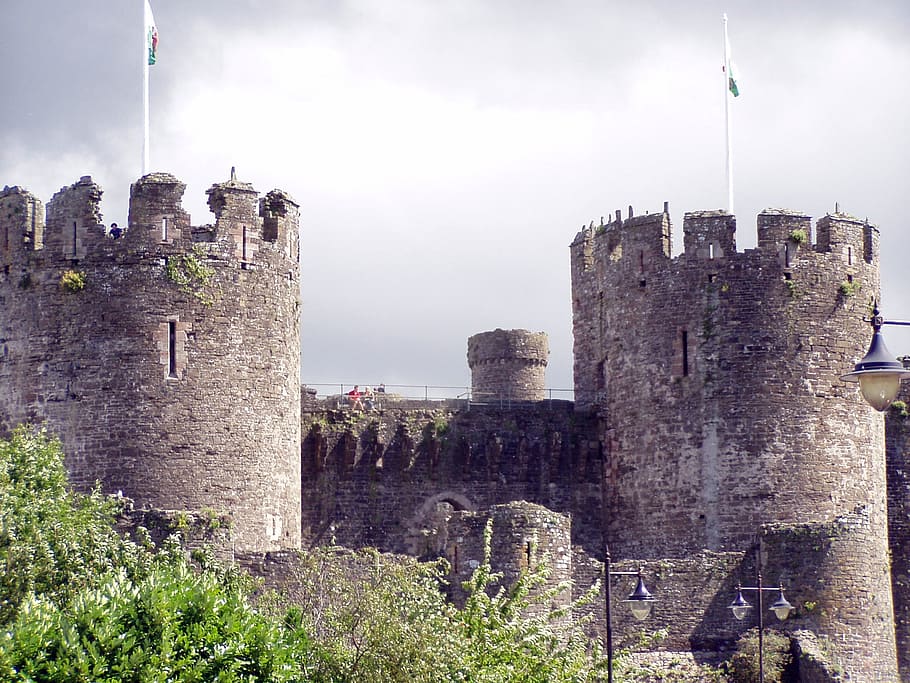 Castle, Conwy, Historically, Stone Wall, tower, towers, flag, HD wallpaper