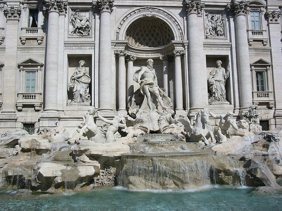 gray concrete statues, trevi fountain, rome, italy, romans, antiquity
