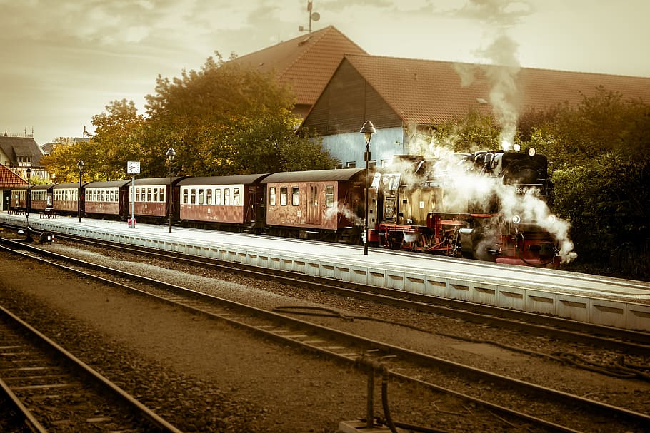 brown steam train painting, locomotive, steam locomotive, railway, HD wallpaper
