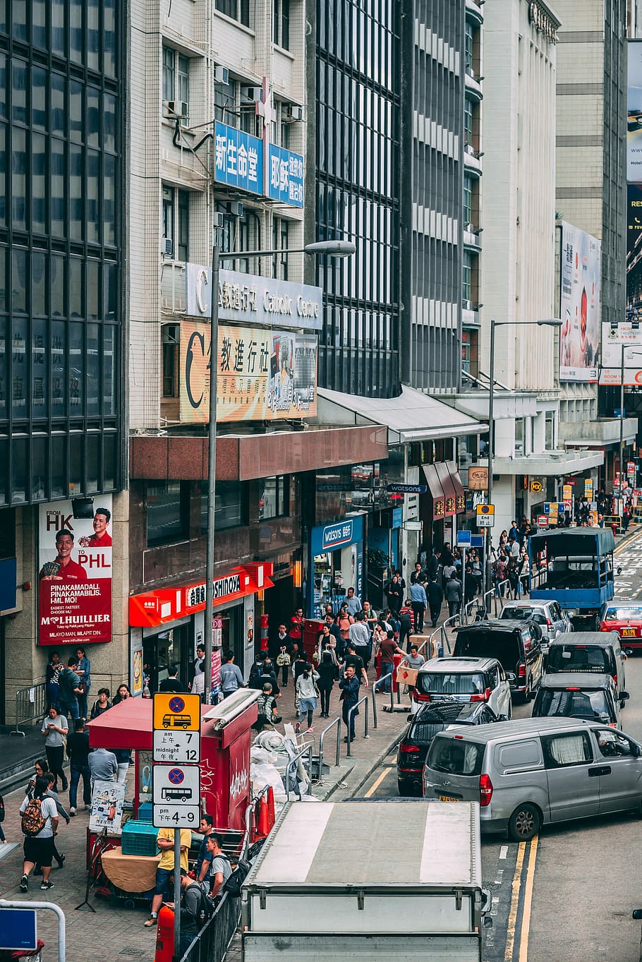 Hong Kong City Life, people walking on sidewalk, street, building