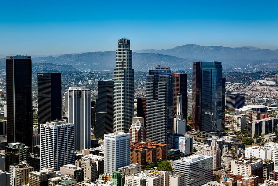 aerial view of city buildings, los angeles, california, skyline